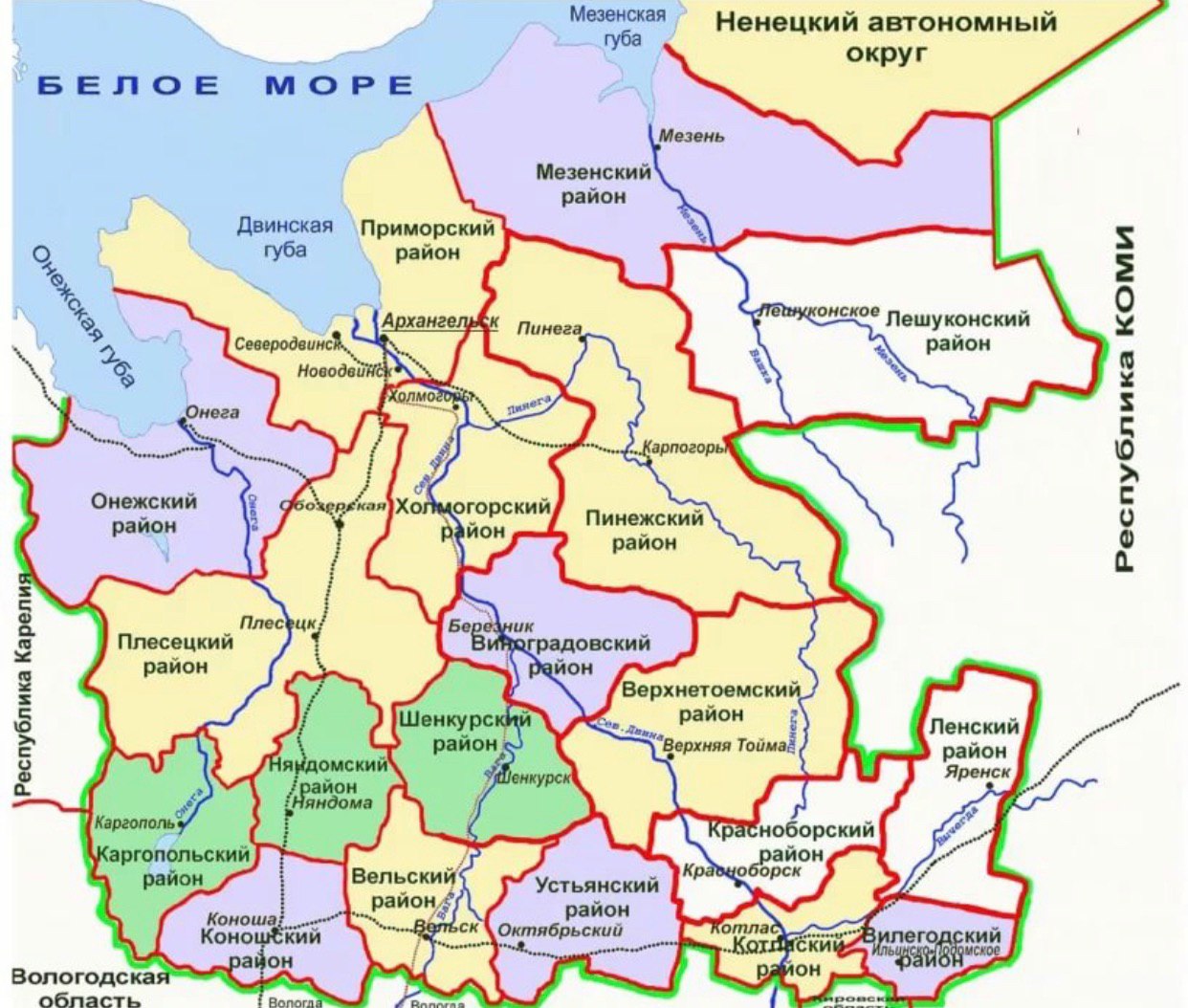 Карта Архангельской области по районам