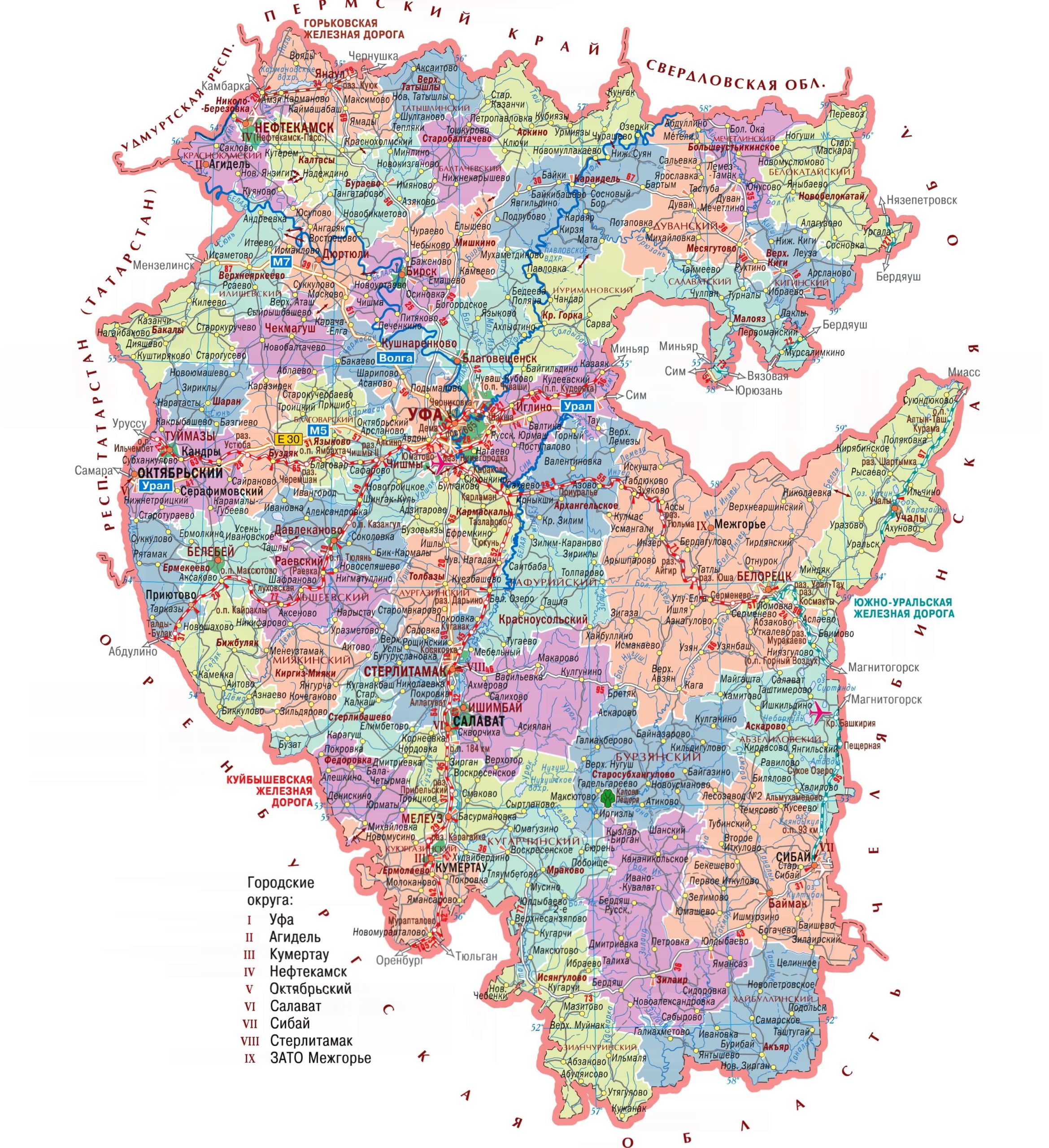 Республика Башкортостан на карте России с городами, дорогами и деревнями соспутника