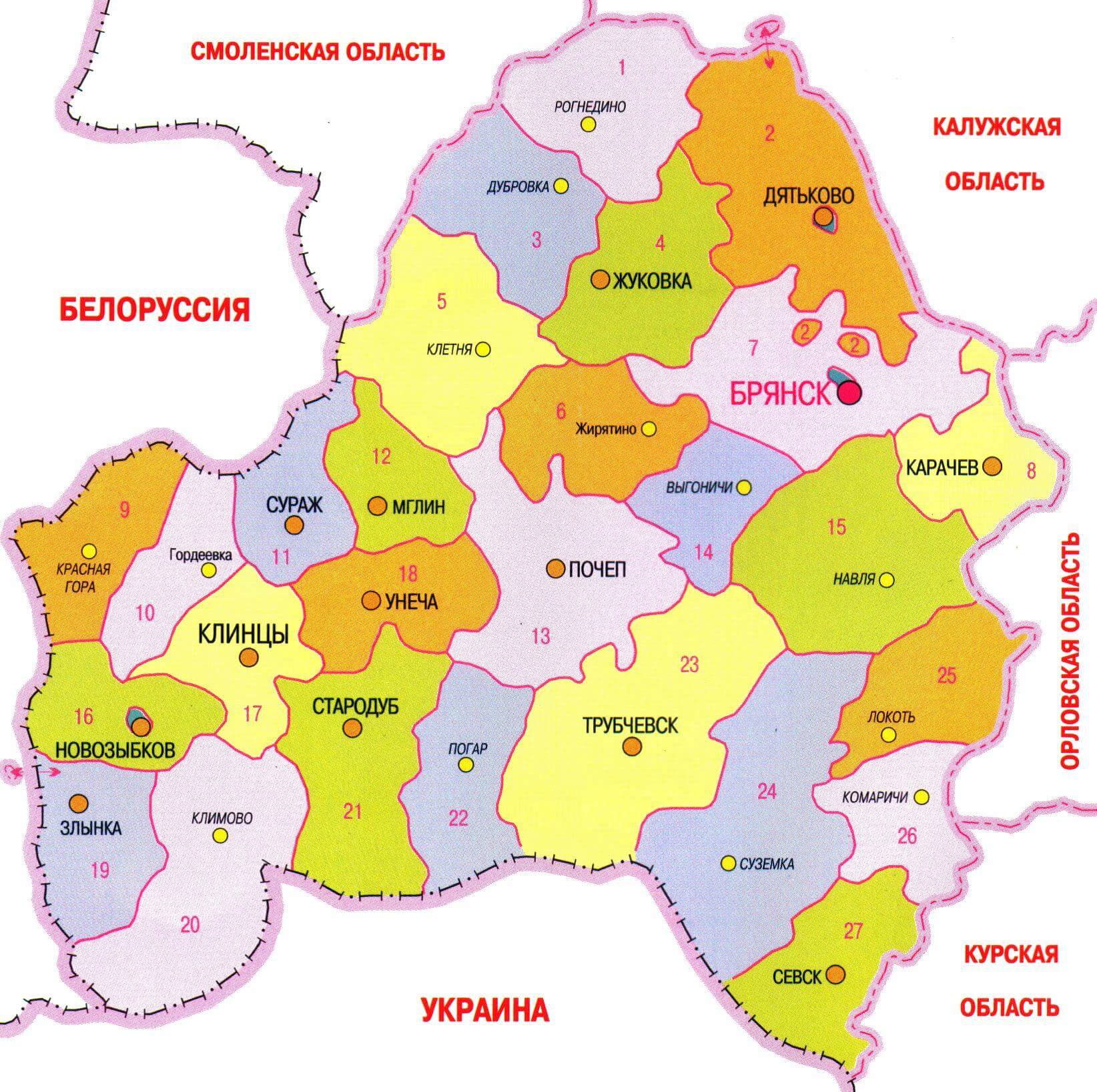 Карта Брянской области с районами