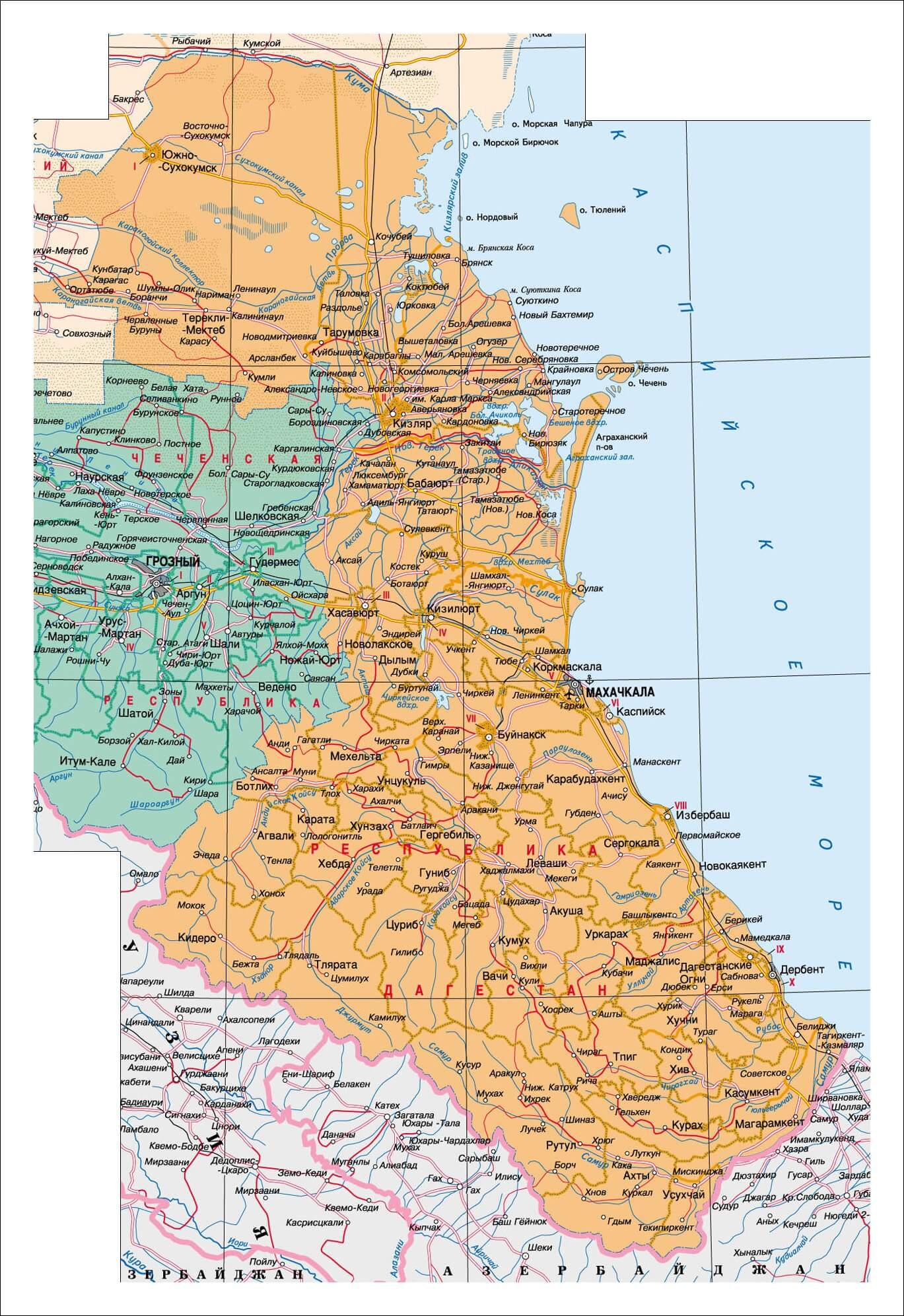 Республика Дагестан на карте России с городами, районами и селами вспутниковом виде