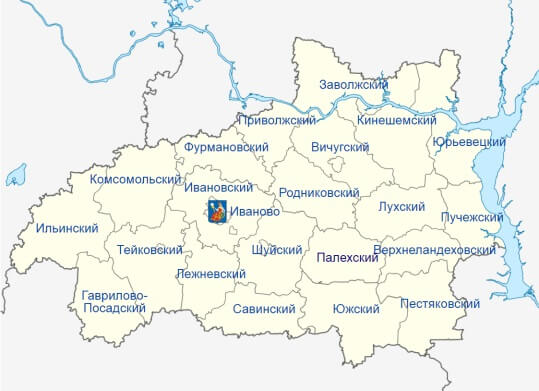 Ивановская область на карте России с районами, городами и деревнями со .
