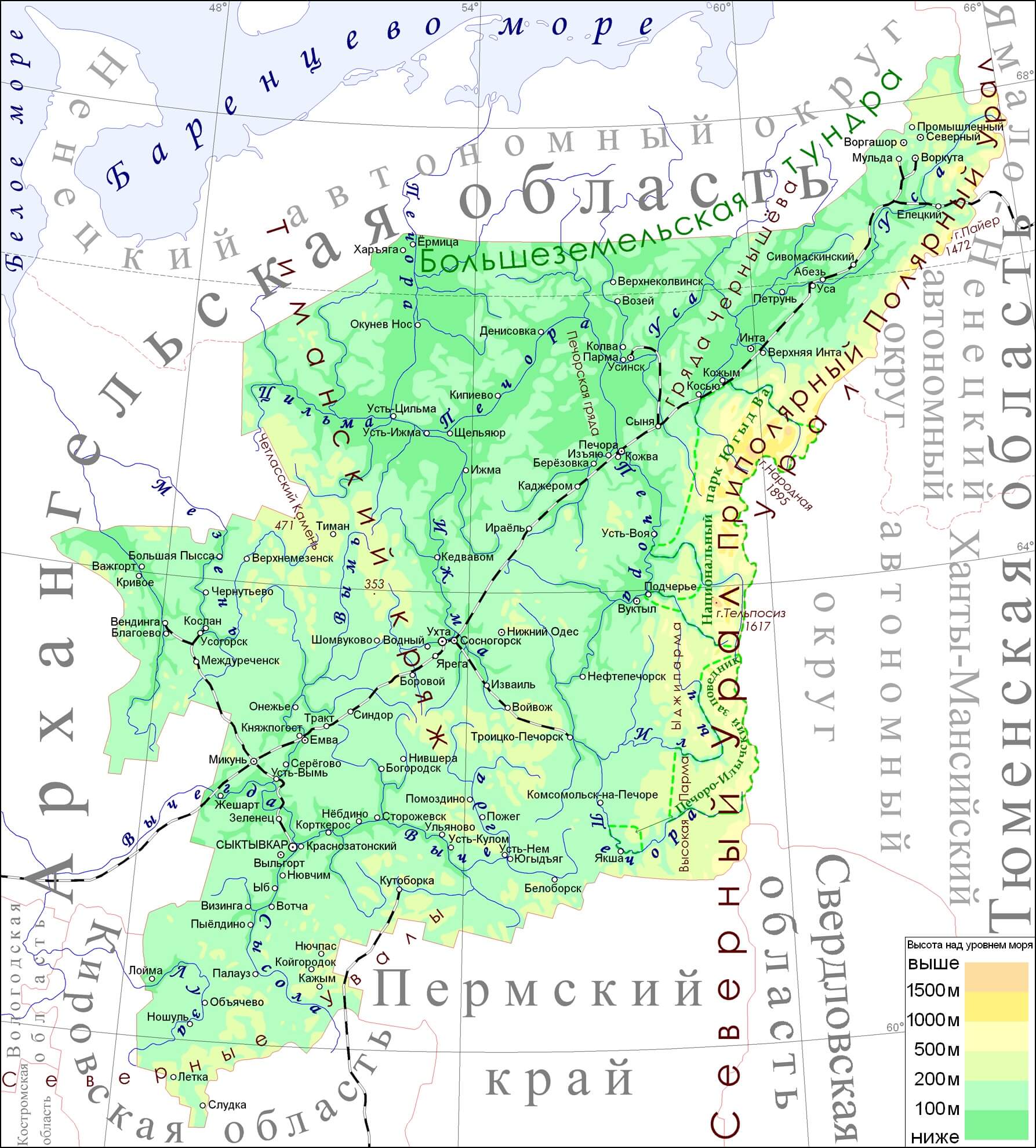 Республика Коми на карте России: с населенными пунктами в хорошем качествесо спутника