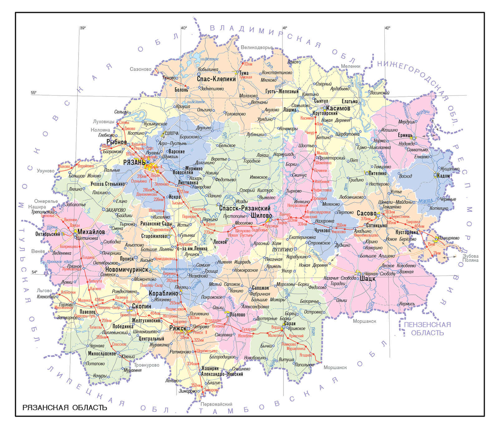 Подробная карта рязанской области по районам подробная