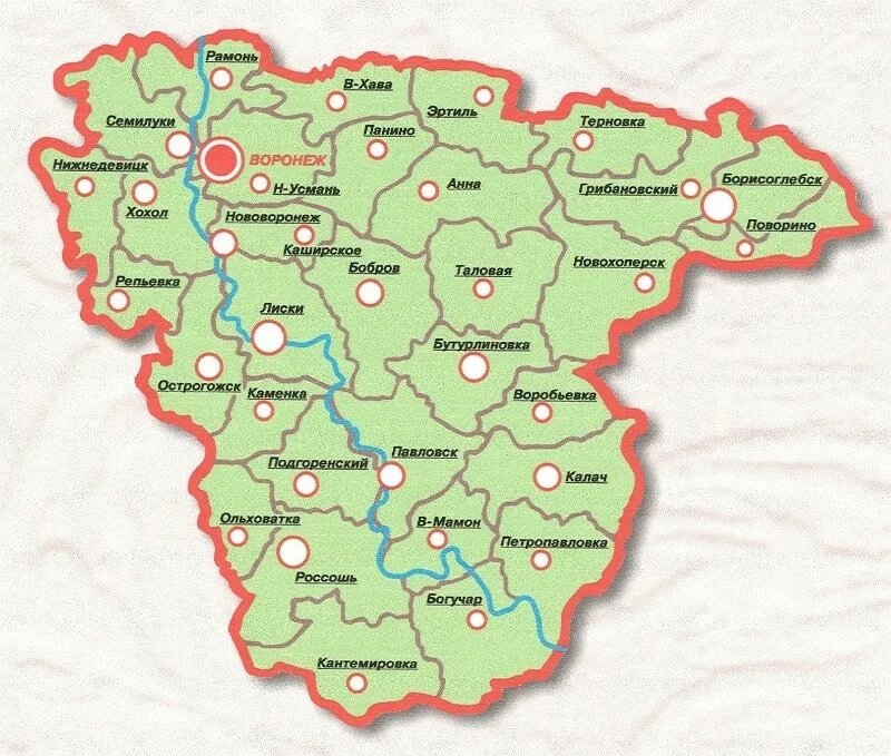 Воронежская область на карте России: с районами и деревнями