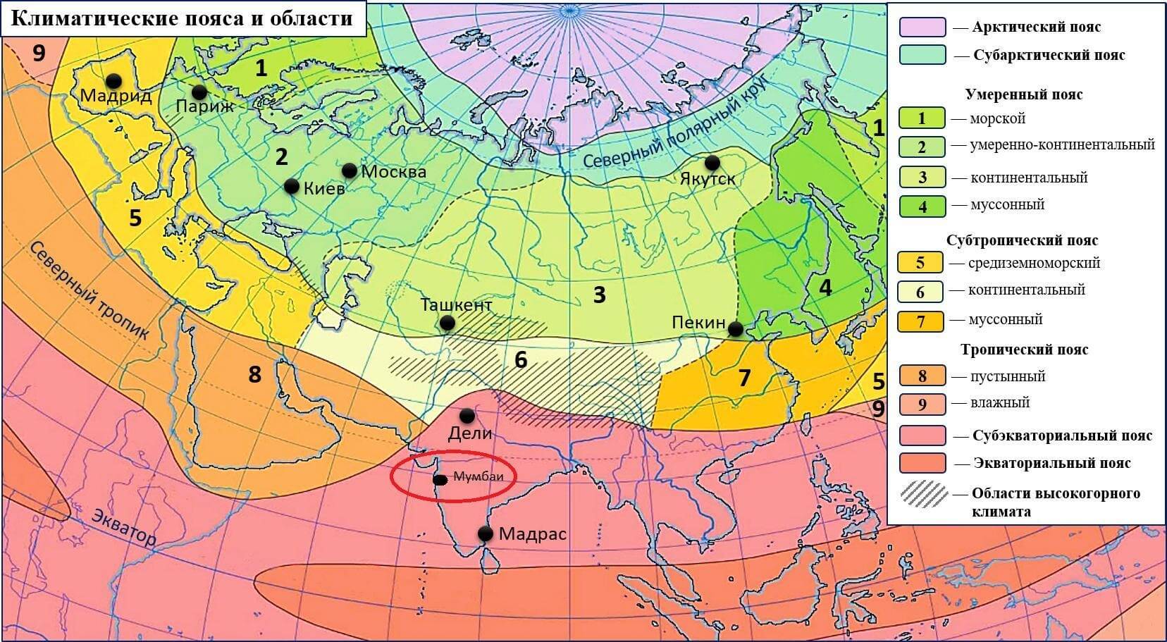 Карта климатических поясов Евразии: подробно