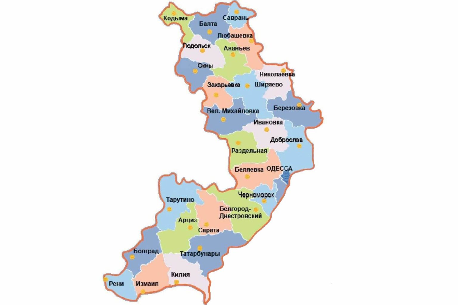 Одесская область на карте с городами и мелкими населенными пунктами