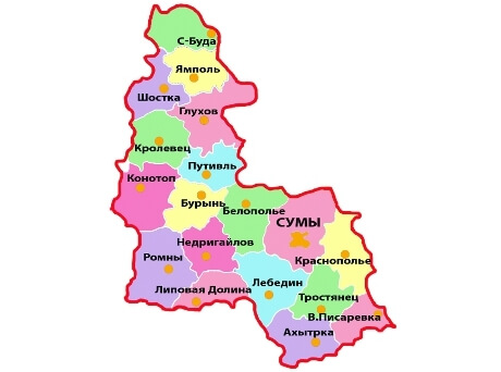 Сумская область с районами на карте.