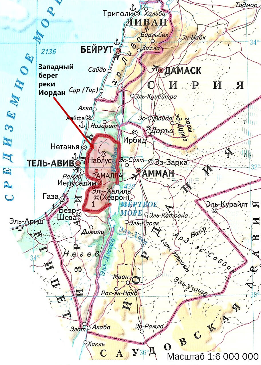 Западный берег реки Иордан на карте мира крупным планом